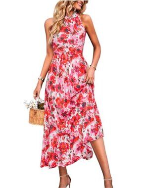 Womens Halter Neck Maxi Dress Sleeveless Tiered Ruffle Floral Print Summer